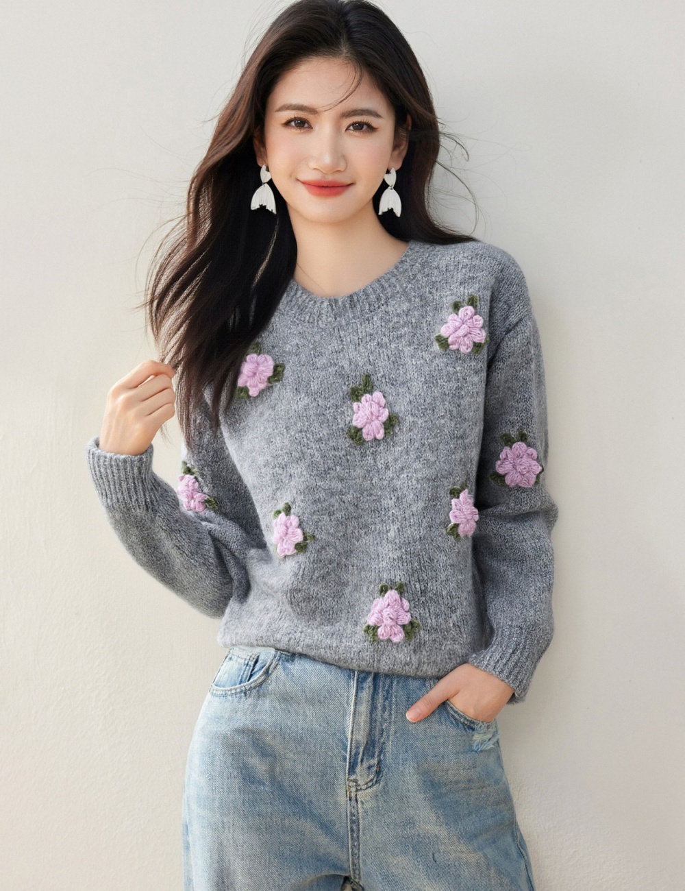 Flowers stereoscopic tops retro sweater for women