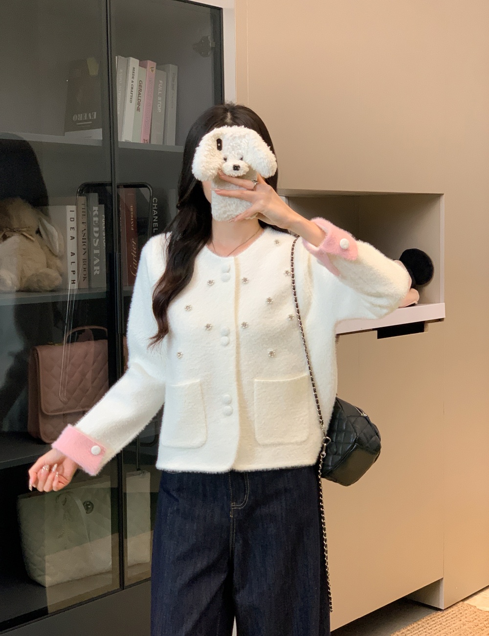 France style thick sweater rhinestone cardigan