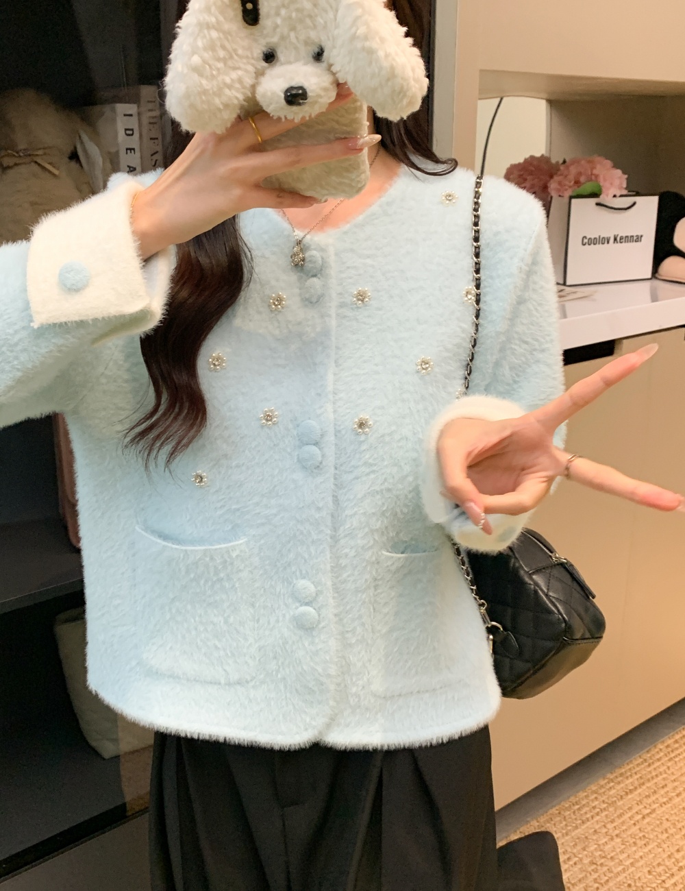 France style thick sweater rhinestone cardigan