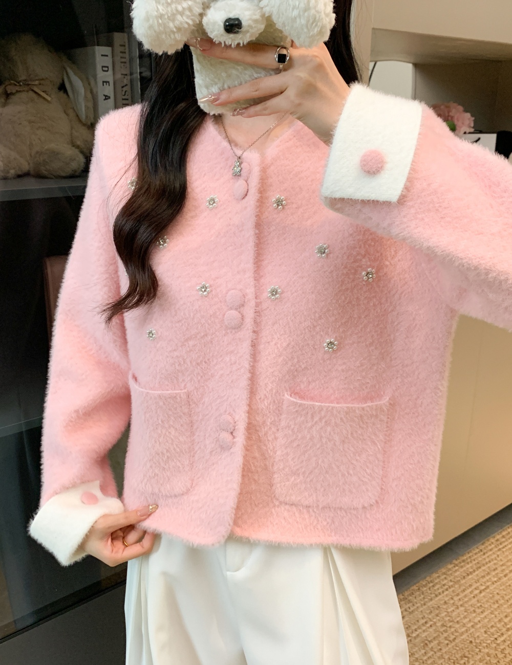 France style thick sweater rhinestone cardigan