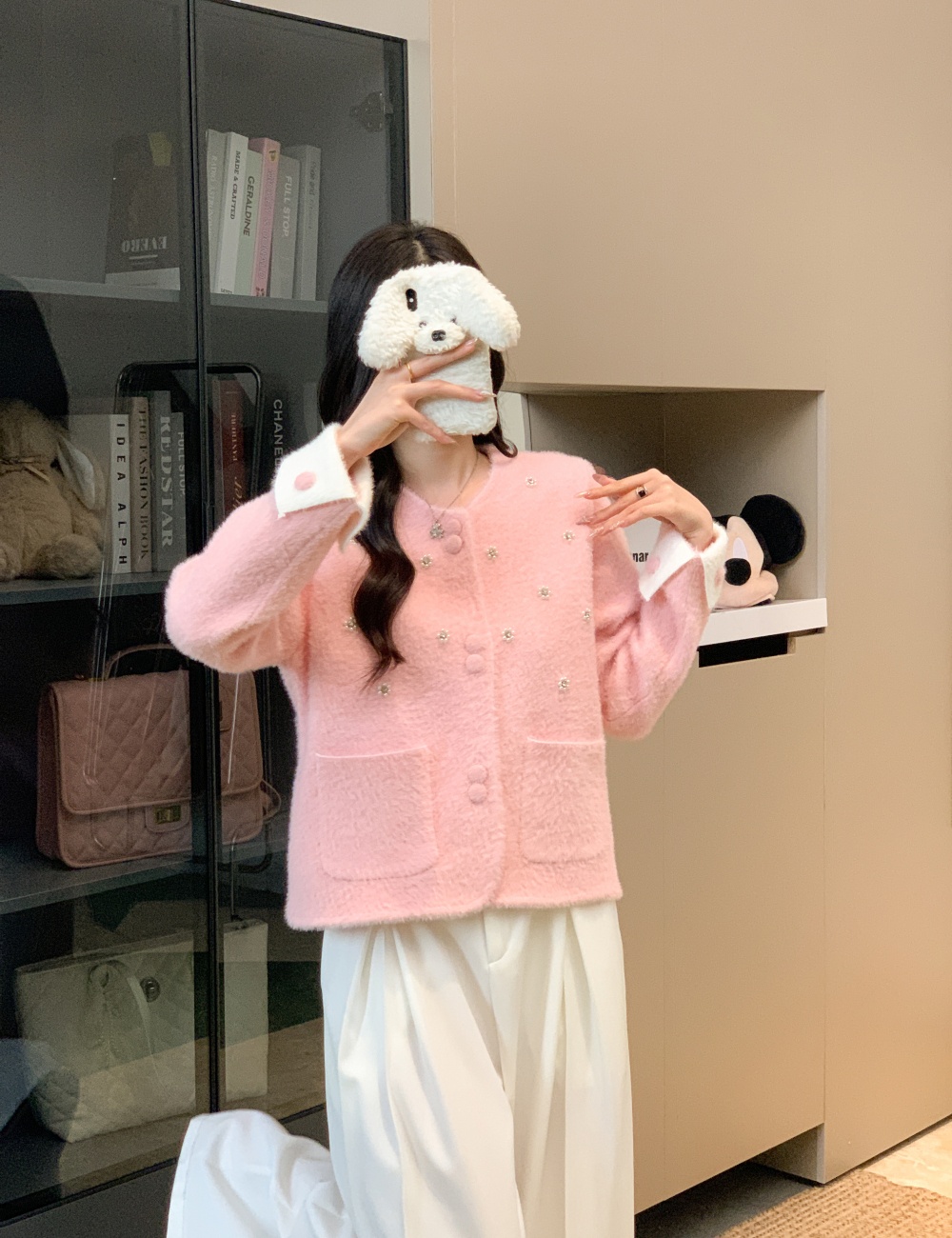 France style thick sweater rhinestone cardigan