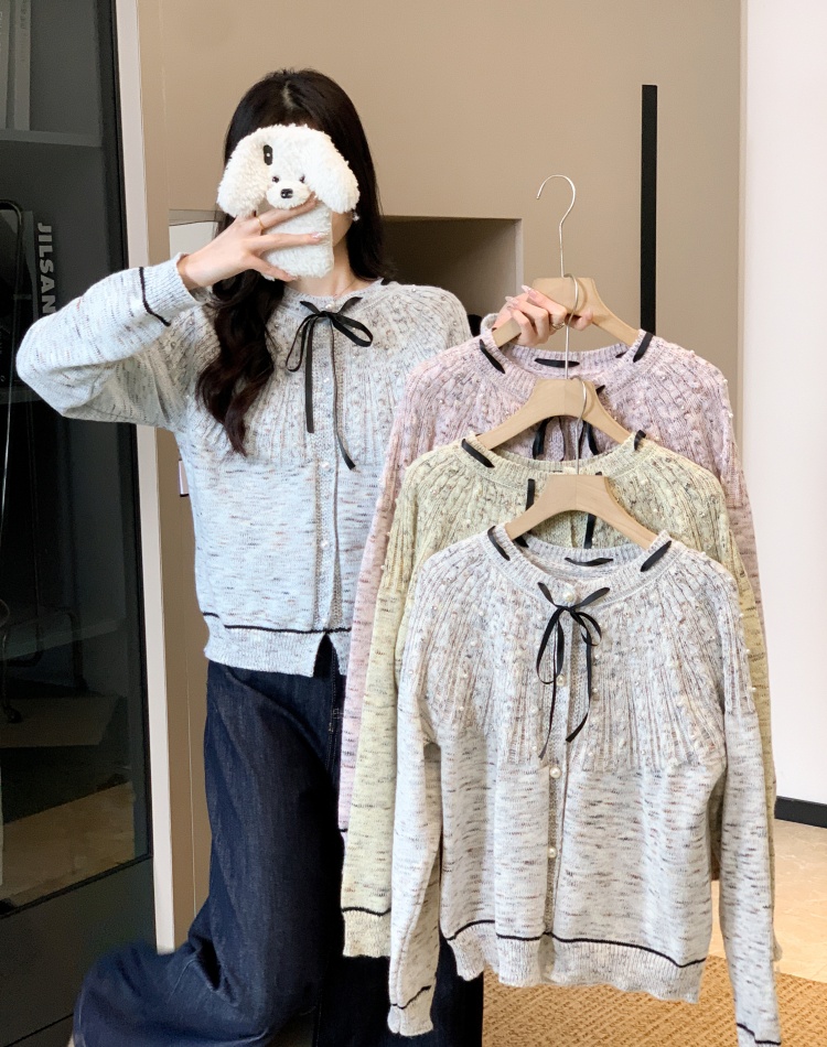 Pearl short knitted bow doll collar sweater for women