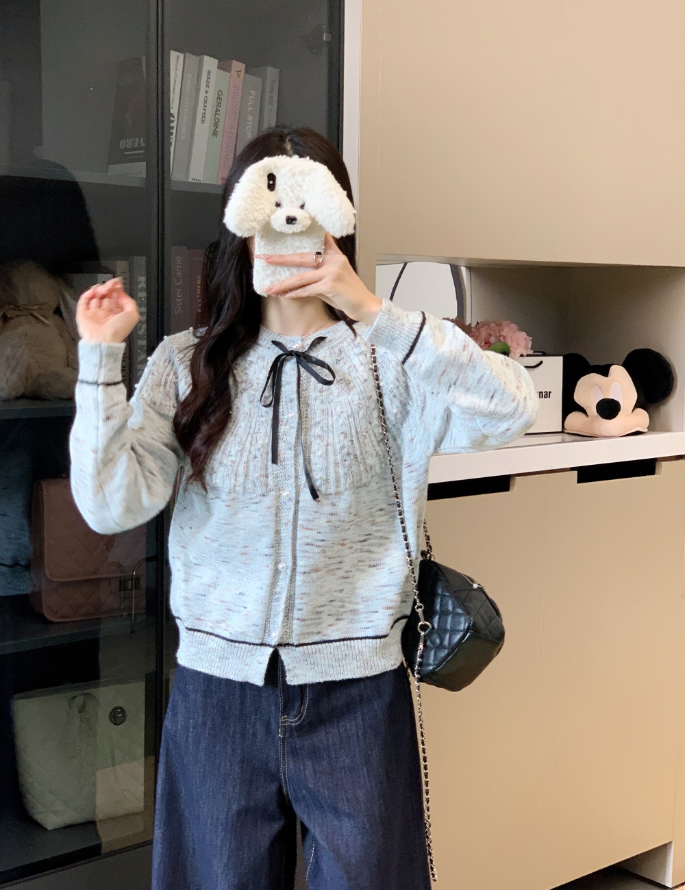 Pearl short knitted bow doll collar sweater for women