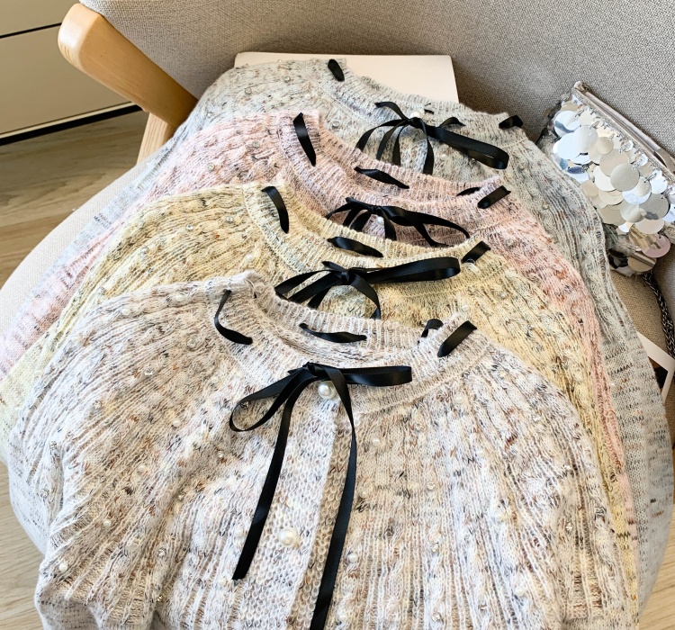 Pearl short knitted bow doll collar sweater for women