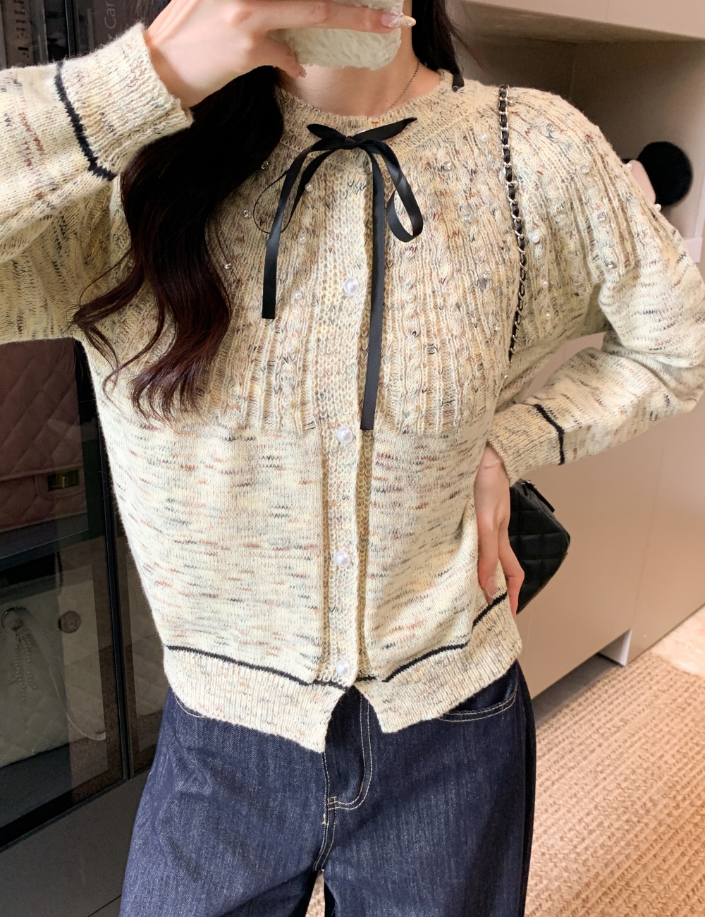 Pearl short knitted bow doll collar sweater for women