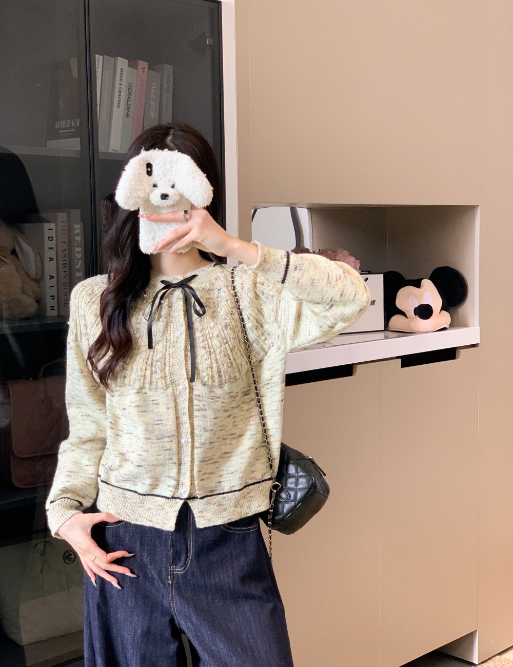 Pearl short knitted bow doll collar sweater for women
