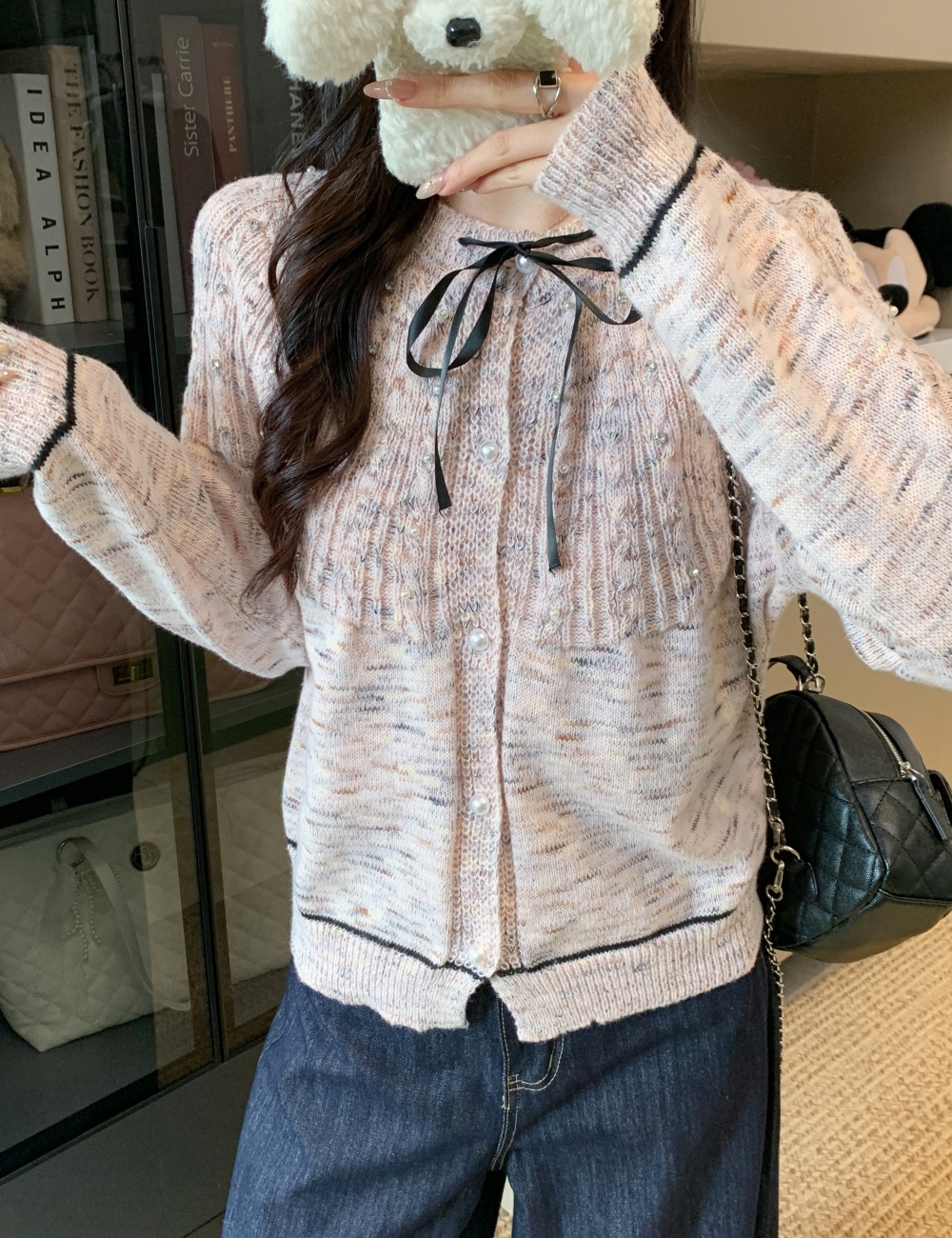 Pearl short knitted bow doll collar sweater for women