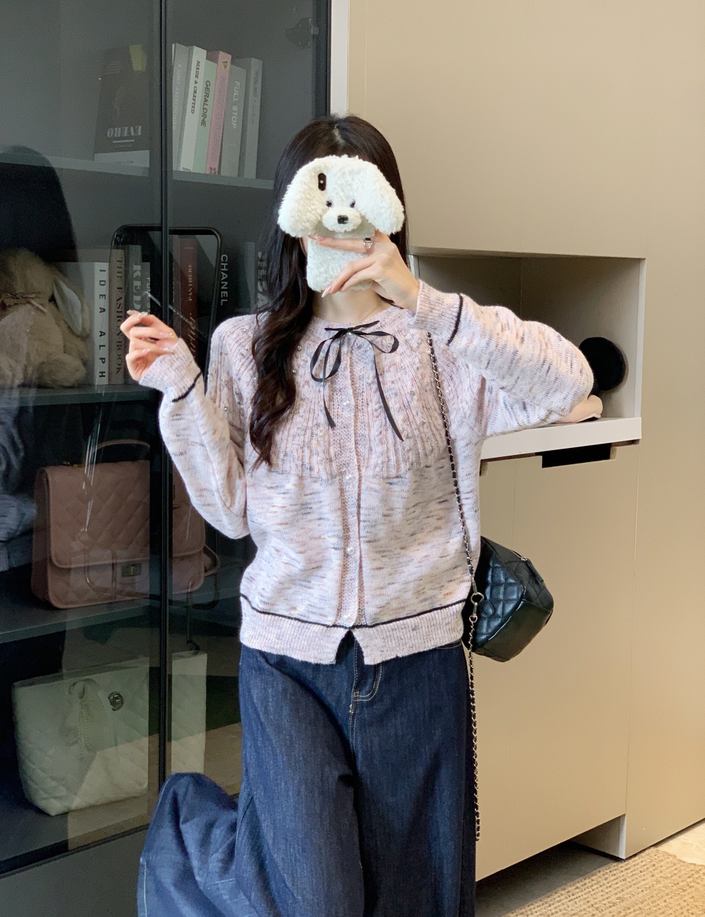 Pearl short knitted bow doll collar sweater for women