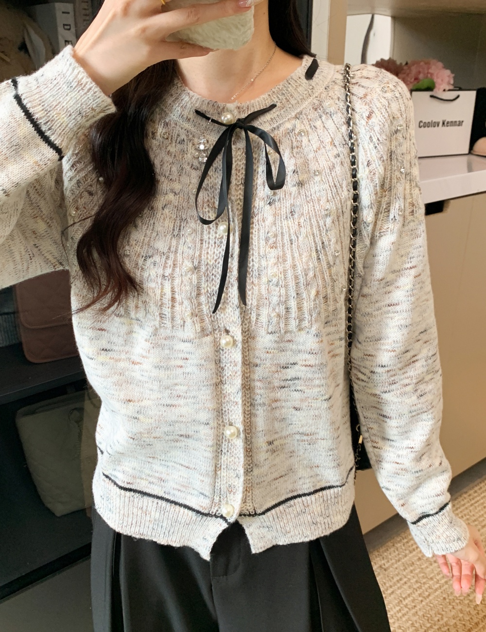 Pearl short knitted bow doll collar sweater for women