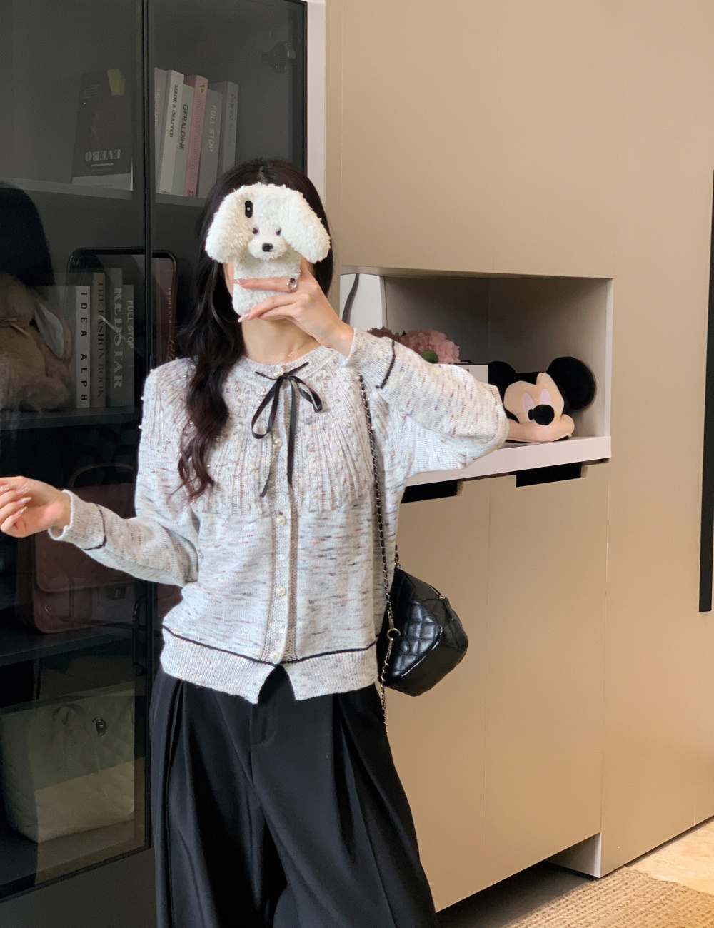 Pearl short knitted bow doll collar sweater for women