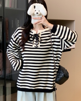 Bandage stripe Casual tops loose thick pullover sweater