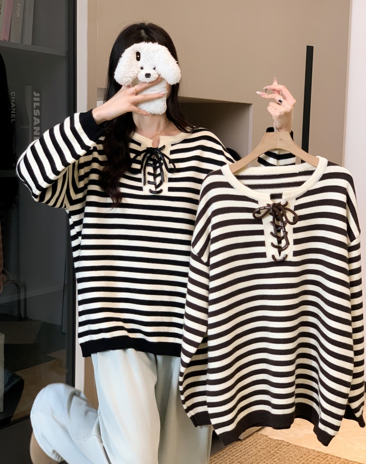 Bandage stripe Casual tops loose thick pullover sweater