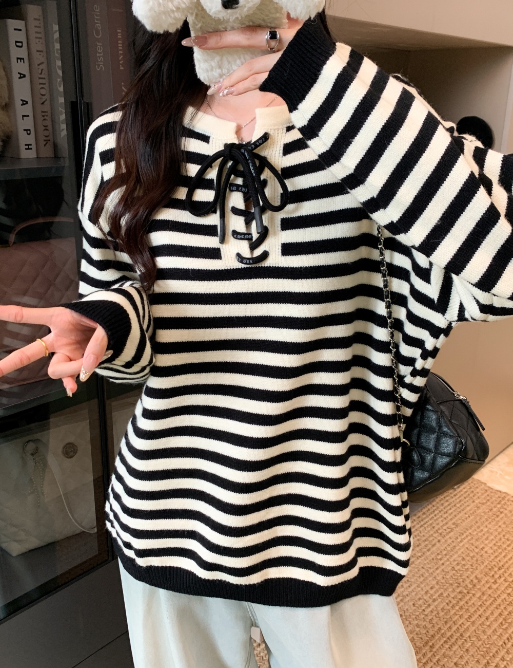 Bandage stripe Casual tops loose thick pullover sweater