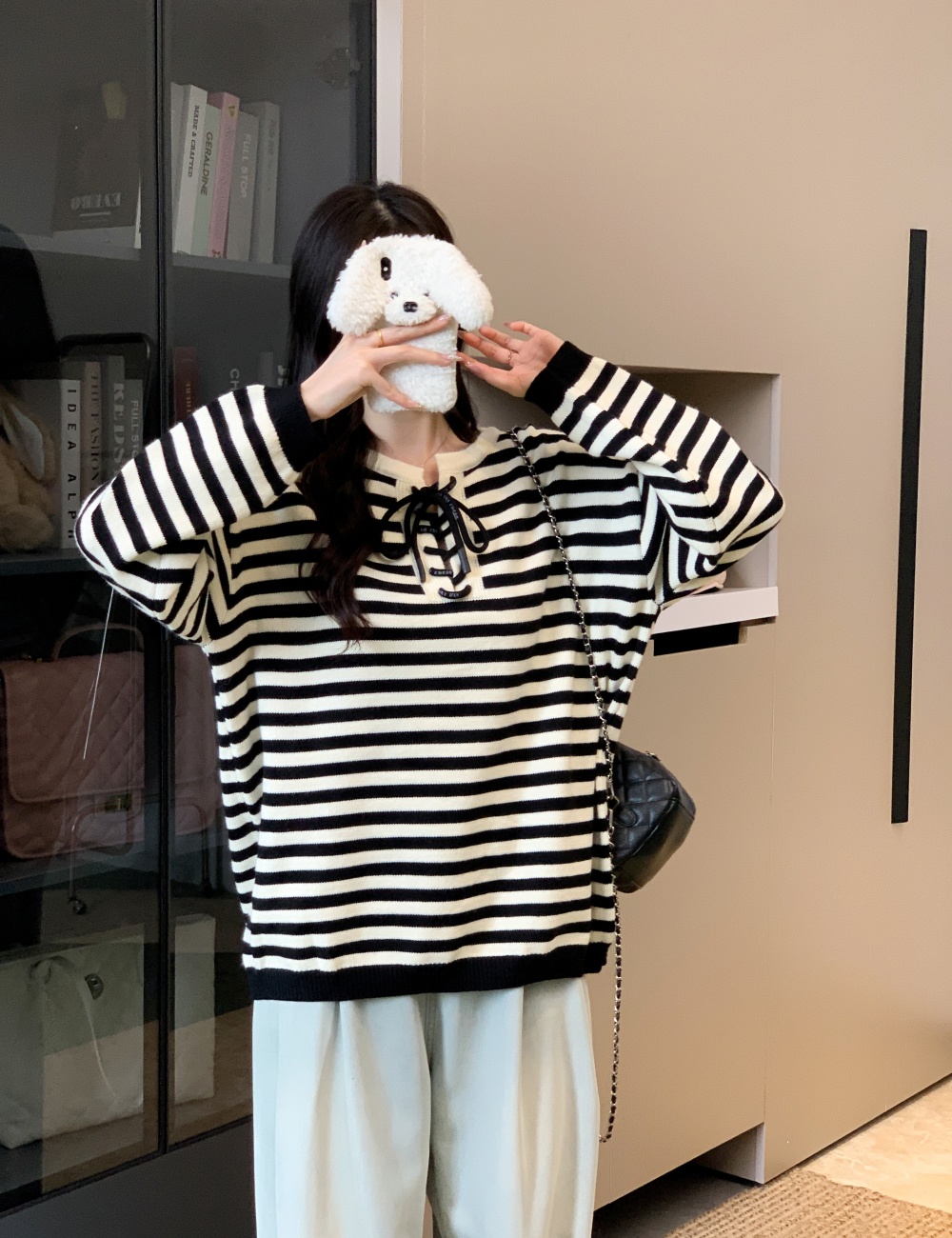 Bandage stripe Casual tops loose thick pullover sweater