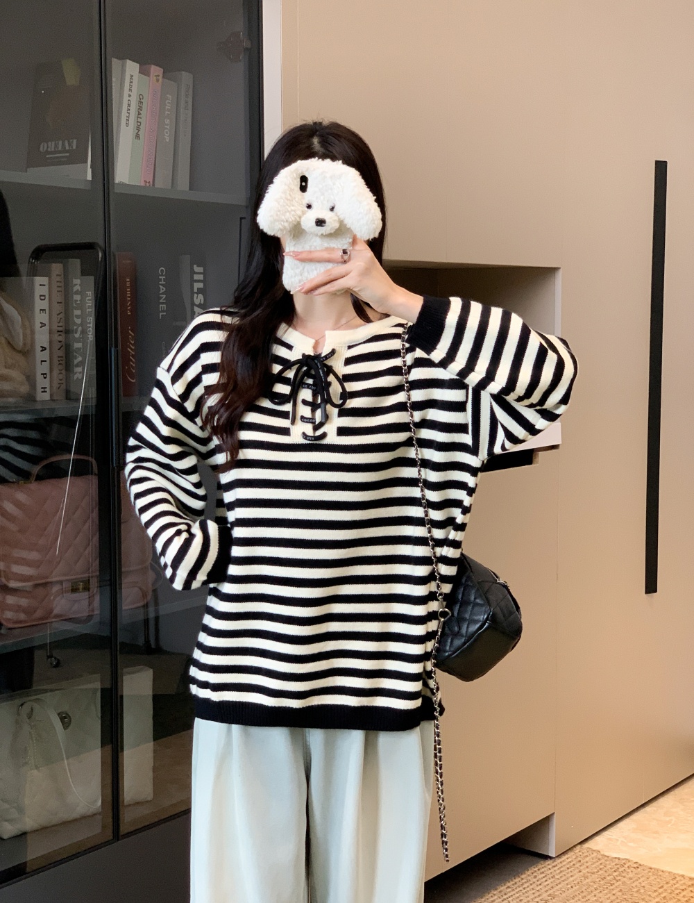 Bandage stripe Casual tops loose thick pullover sweater