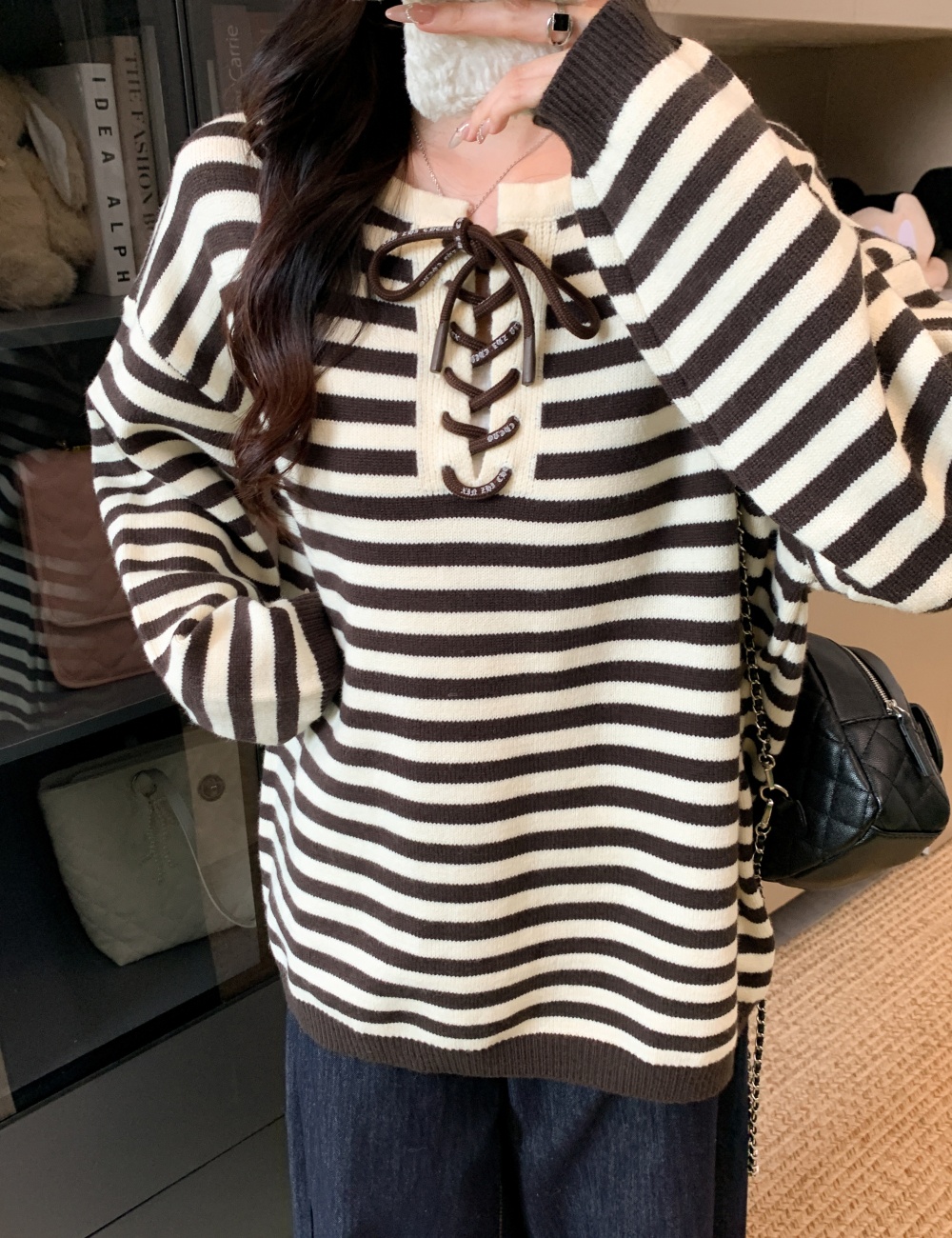 Bandage stripe Casual tops loose thick pullover sweater