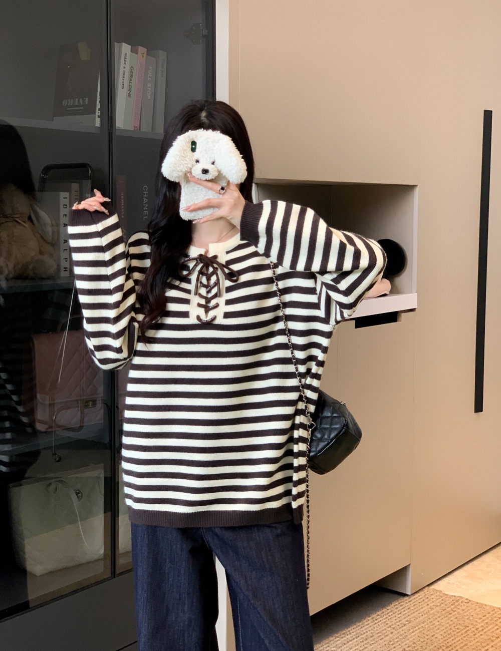 Bandage stripe Casual tops loose thick pullover sweater