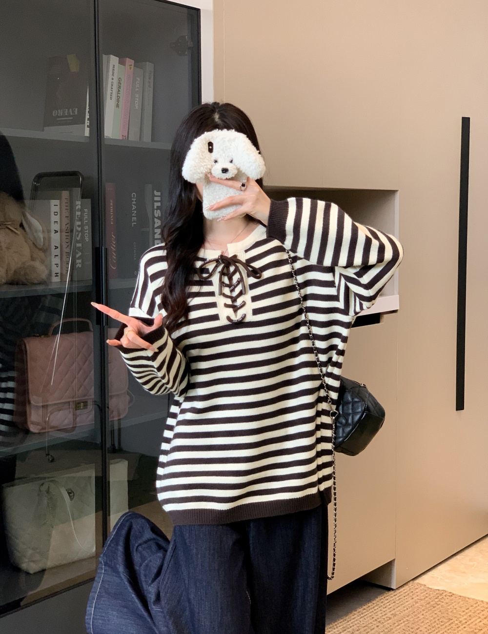 Bandage stripe Casual tops loose thick pullover sweater