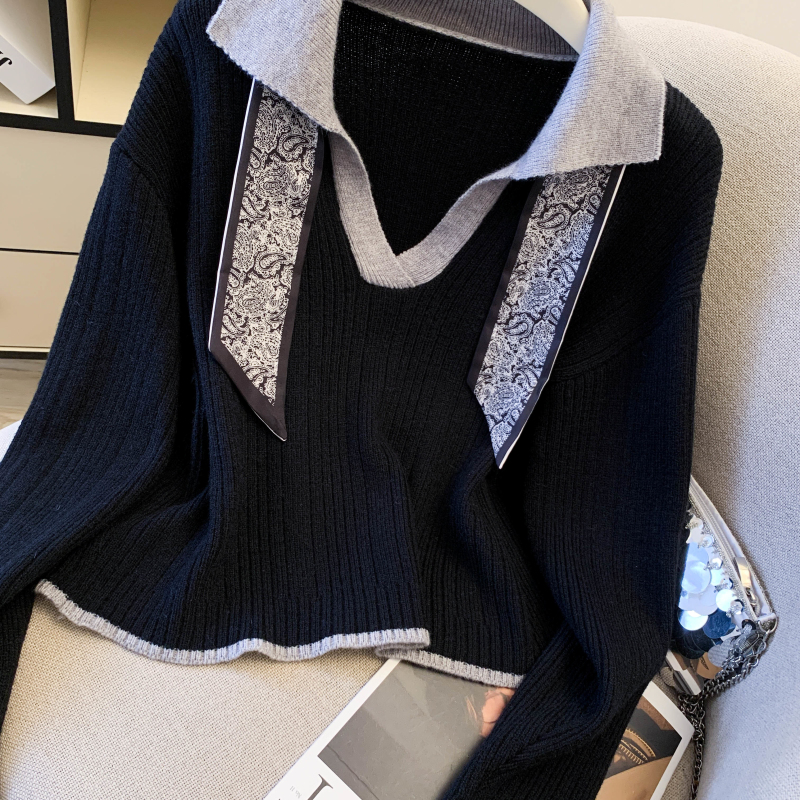 Pullover niche thick tops mixed colors V-neck scarves