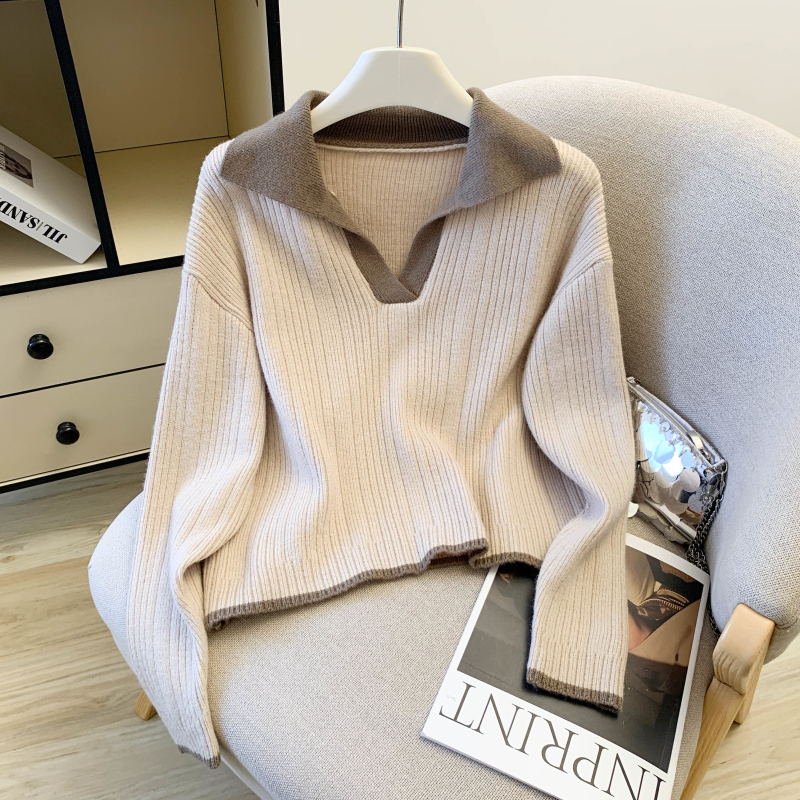 Pullover niche thick tops mixed colors V-neck scarves