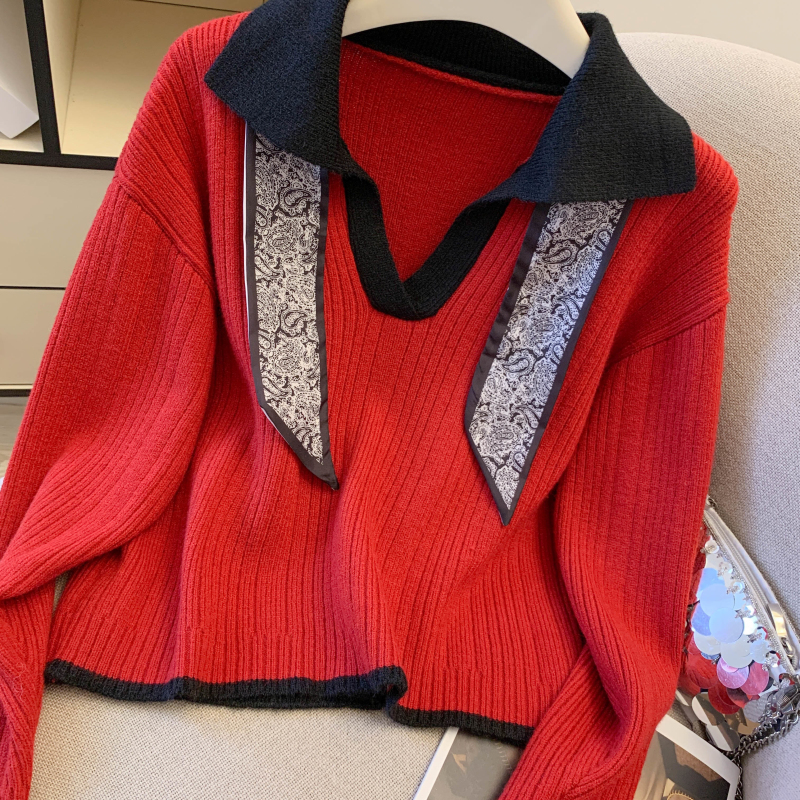 Pullover niche thick tops mixed colors V-neck scarves