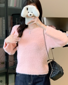 Loose lazy mink velvet V-neck short sweater for women