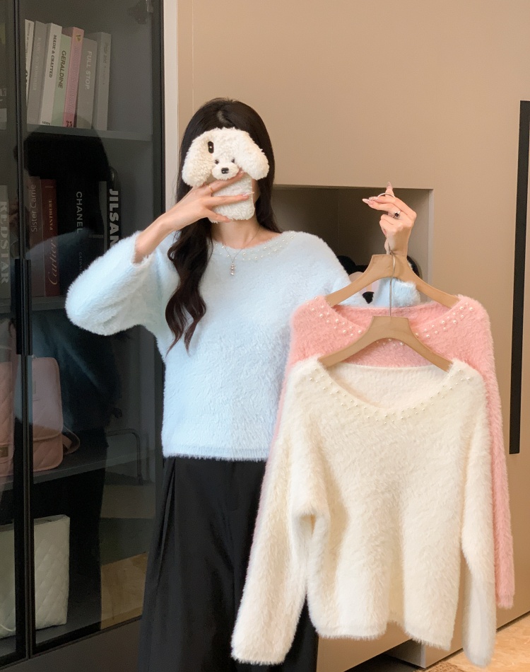 Loose lazy mink velvet V-neck short sweater for women