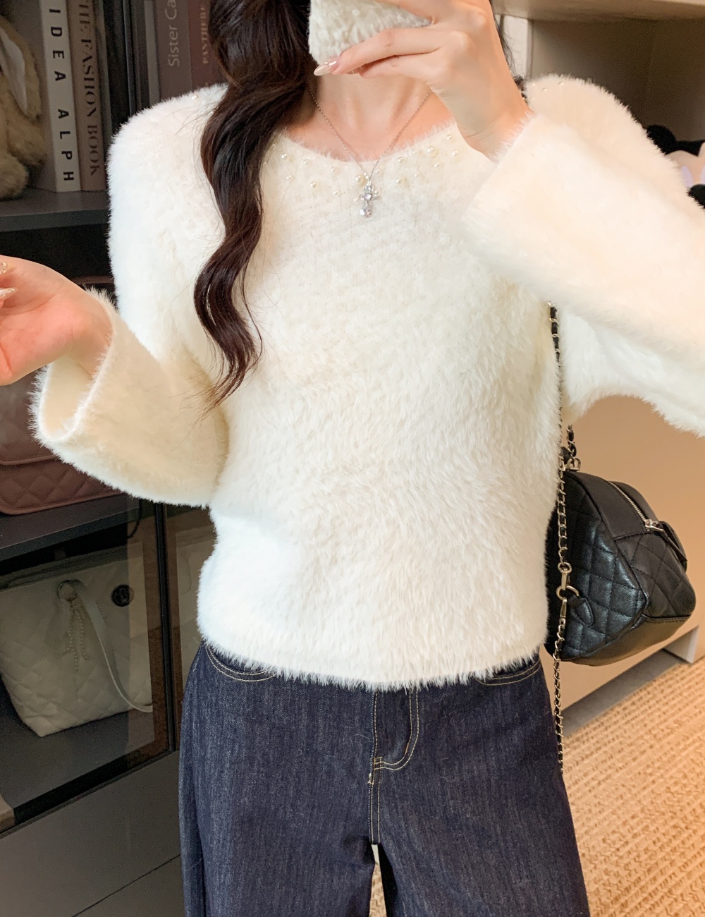 Loose lazy mink velvet V-neck short sweater for women