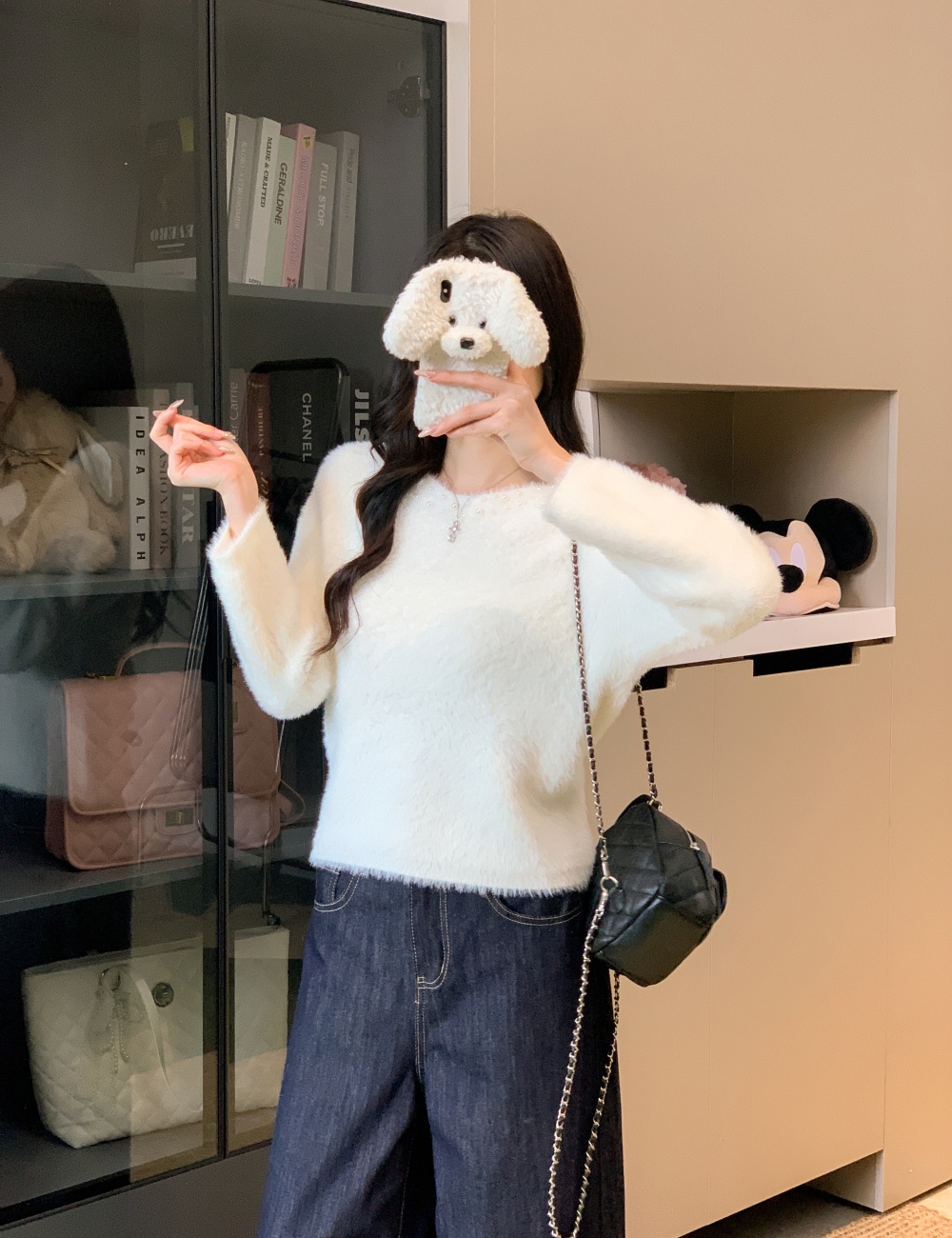 Loose lazy mink velvet V-neck short sweater for women