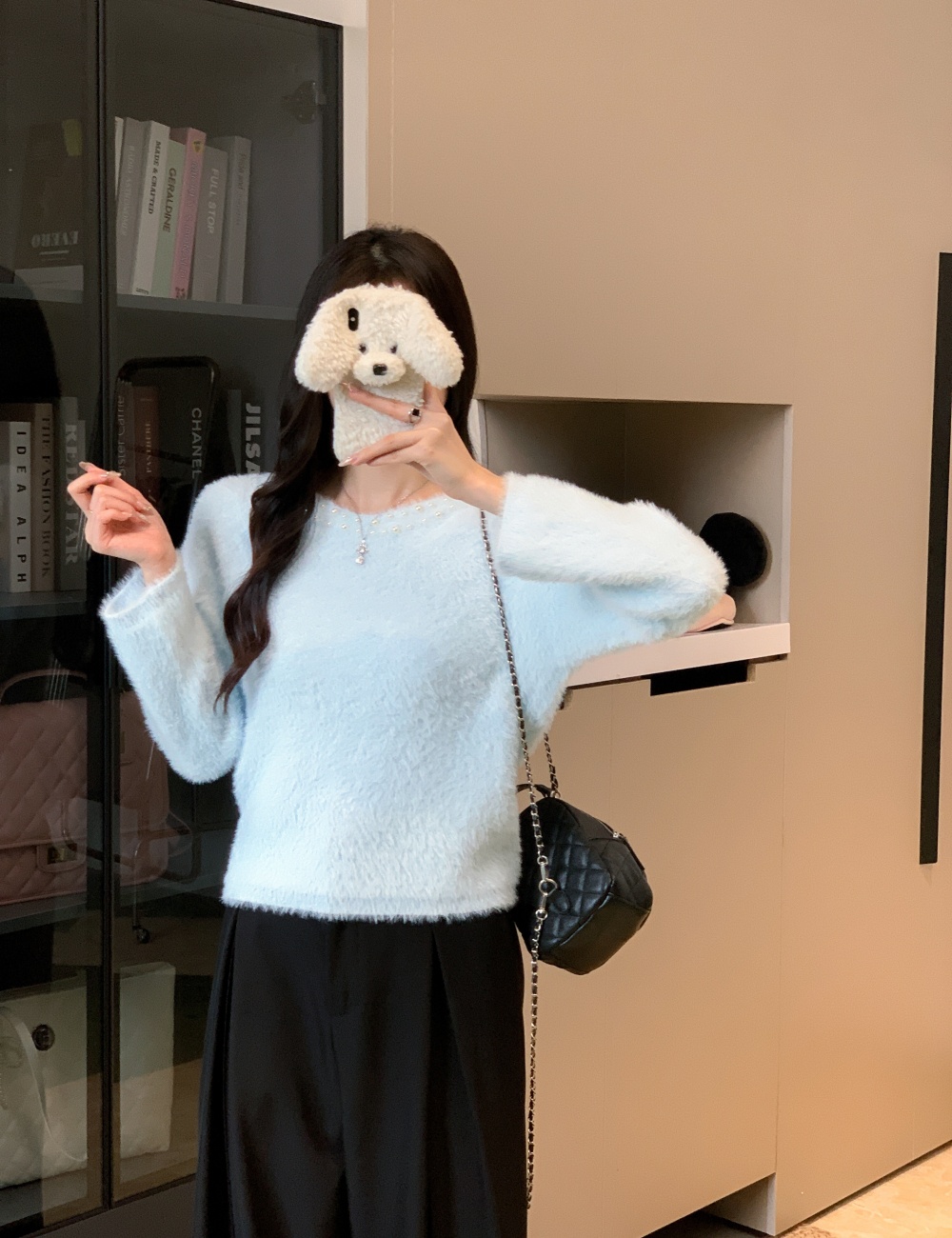 Loose lazy mink velvet V-neck short sweater for women