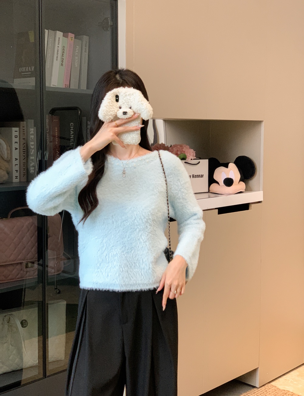 Loose lazy mink velvet V-neck short sweater for women