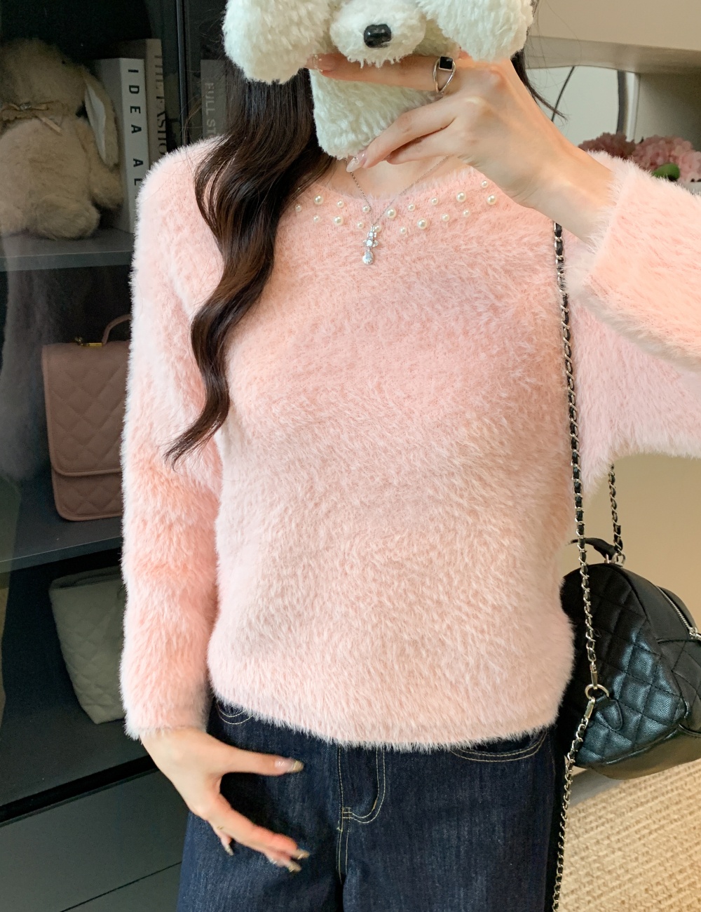 Loose lazy mink velvet V-neck short sweater for women