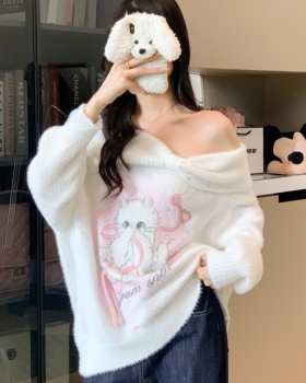 Loose kitty long sleeve sweater printing sweet strapless tops