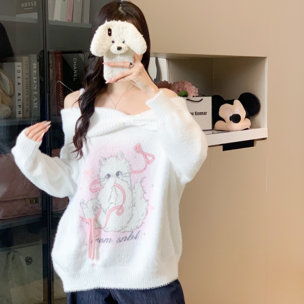 Loose kitty long sleeve sweater printing sweet strapless tops