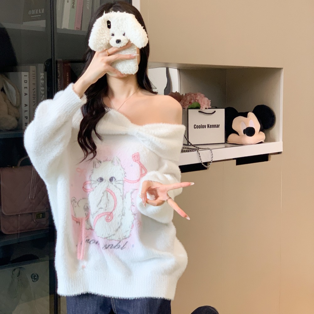 Loose kitty long sleeve sweater printing sweet strapless tops