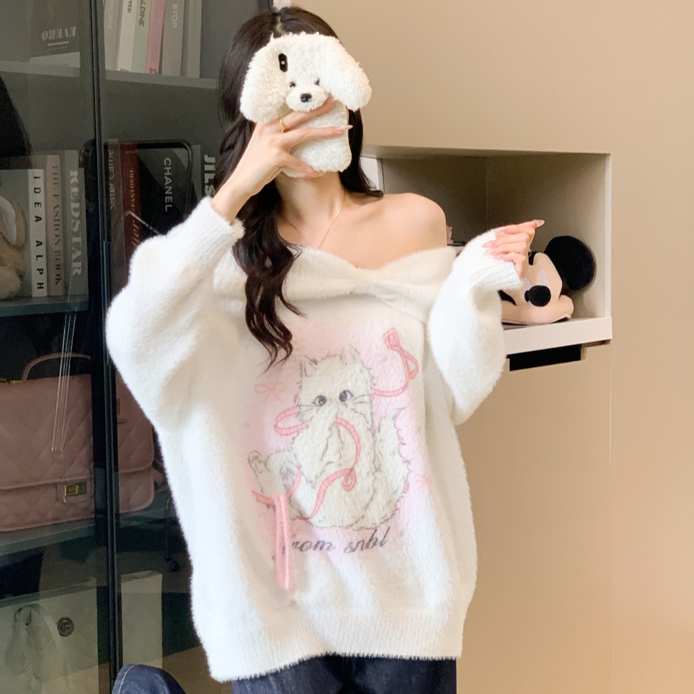 Loose kitty long sleeve sweater printing sweet strapless tops