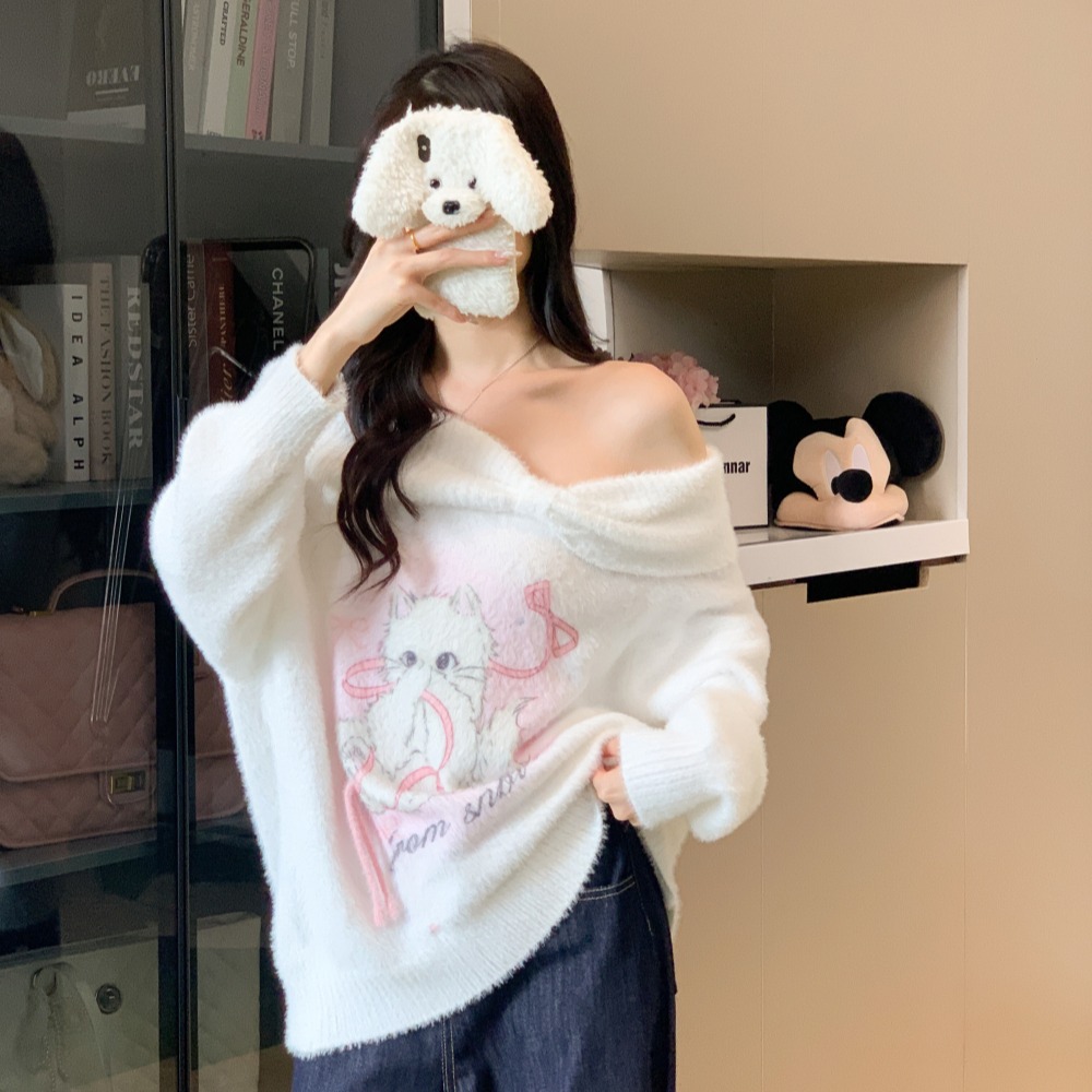 Loose kitty long sleeve sweater printing sweet strapless tops