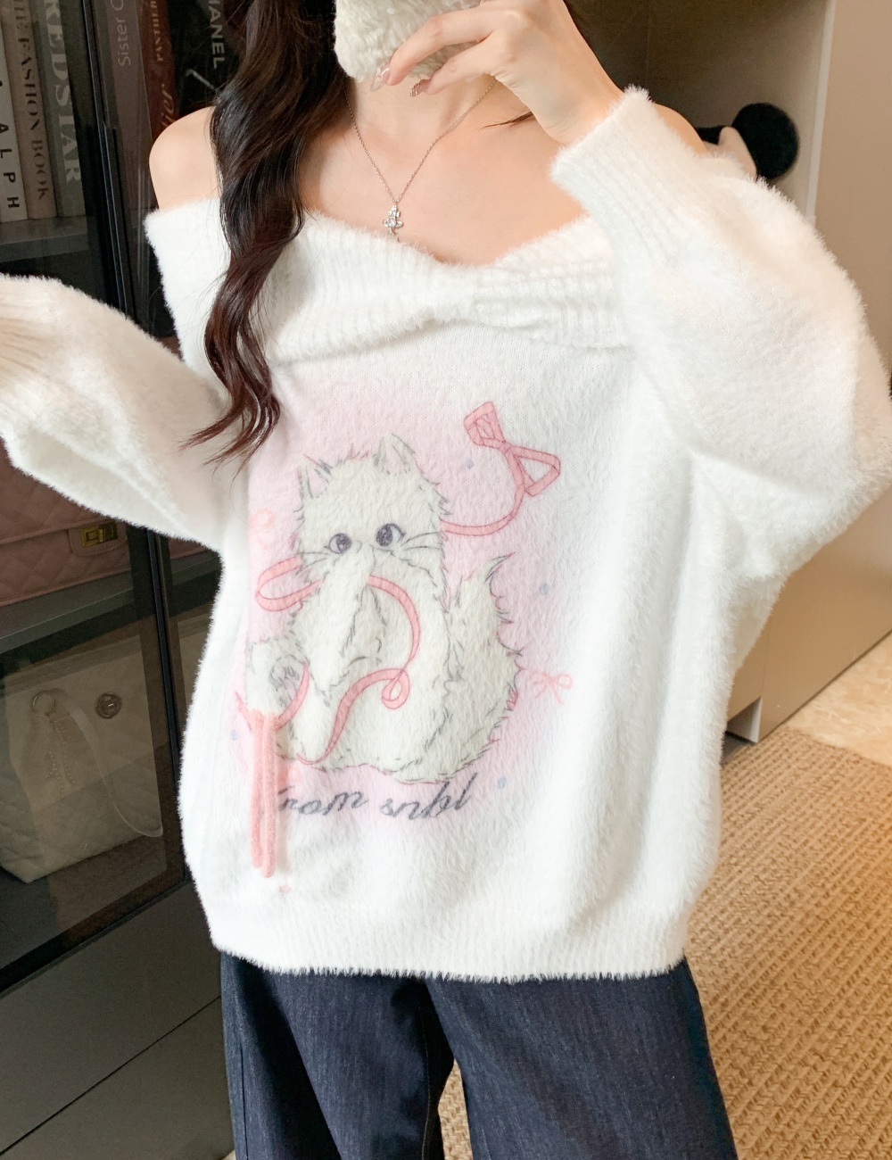 Loose kitty long sleeve sweater printing sweet strapless tops