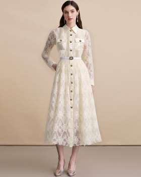 With belt long dress single-breasted dress for women