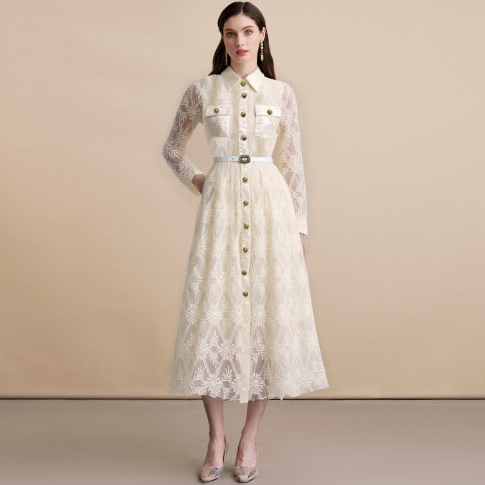 With belt long dress single-breasted dress for women