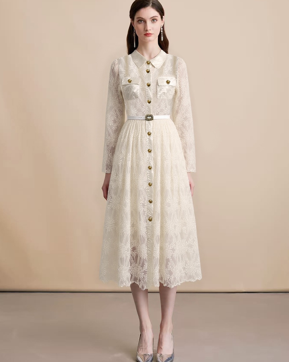 With belt long dress single-breasted dress for women