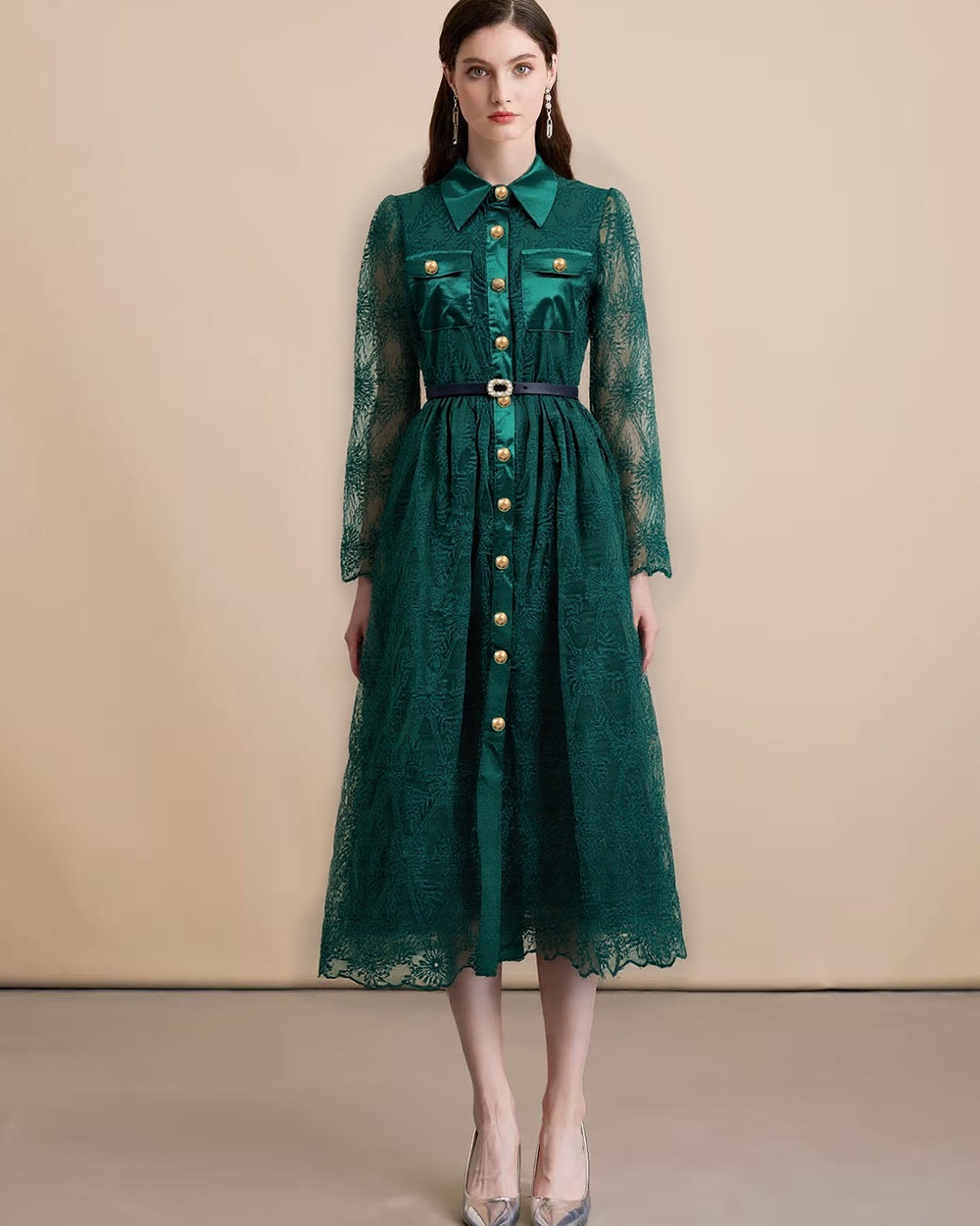 Elegant pinched waist dress single-breasted long dress