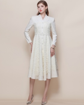Long sleeve France style dress lace with belt long dress