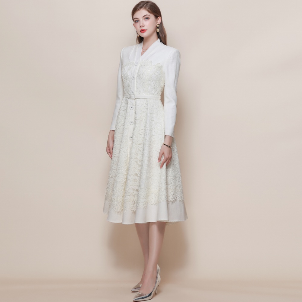 Long sleeve France style dress lace with belt long dress