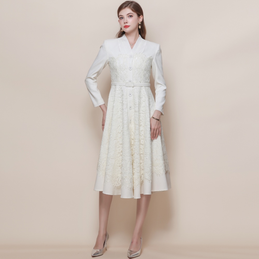 Long sleeve France style dress lace with belt long dress