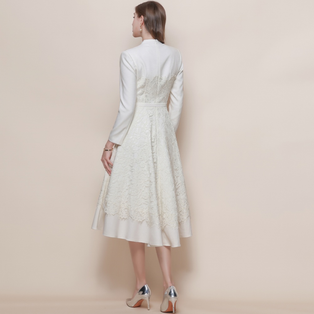 Long sleeve France style dress lace with belt long dress