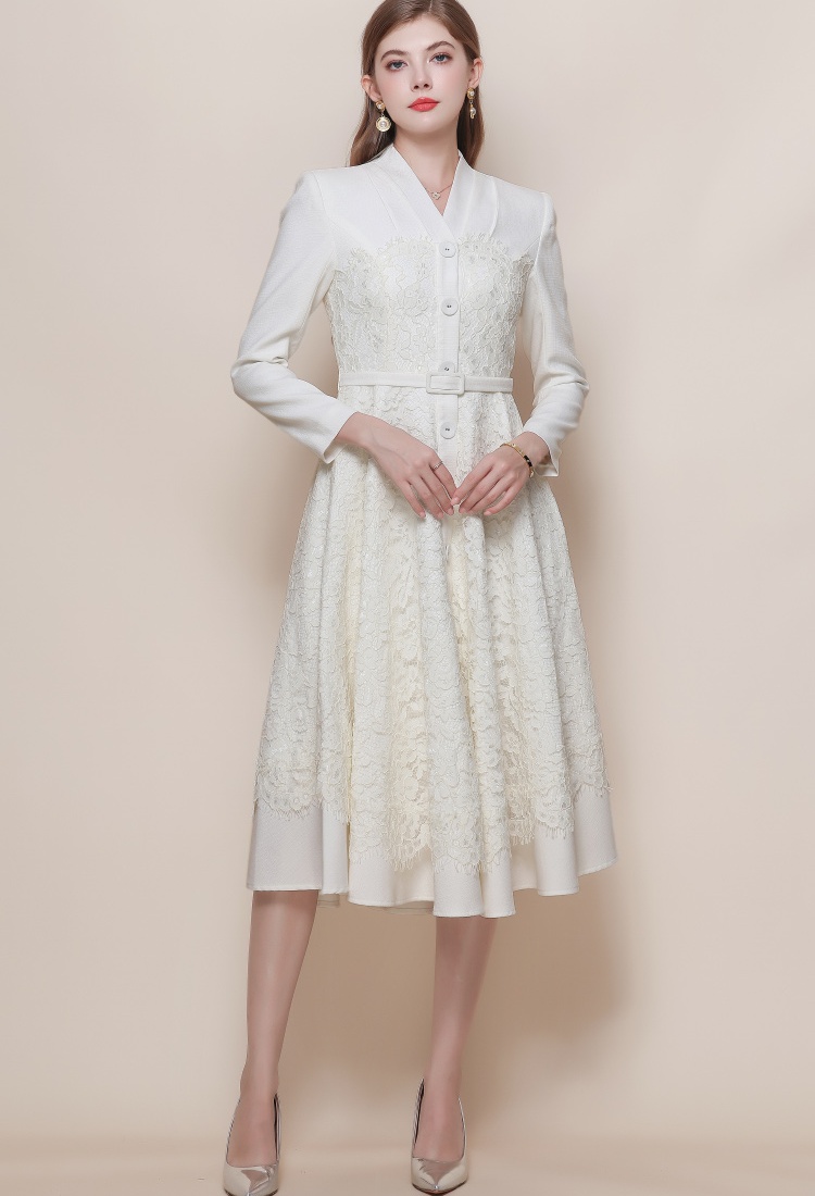 Long sleeve France style dress lace with belt long dress