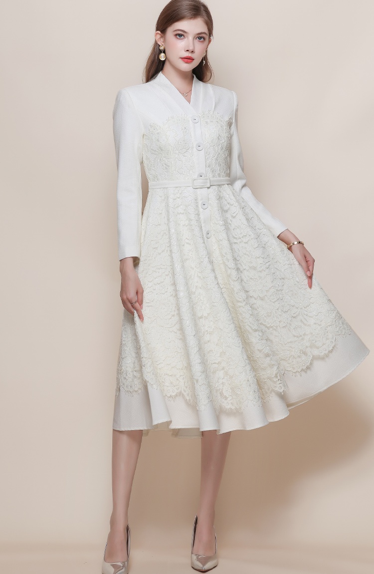 Long sleeve France style dress lace with belt long dress