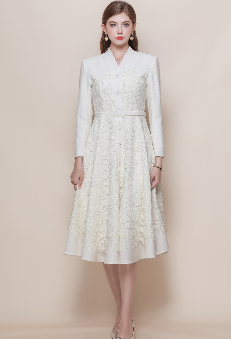 Long sleeve France style dress lace with belt long dress