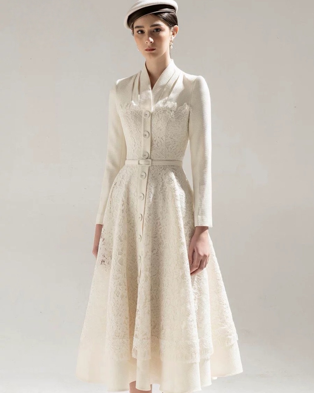 Long sleeve France style dress lace with belt long dress